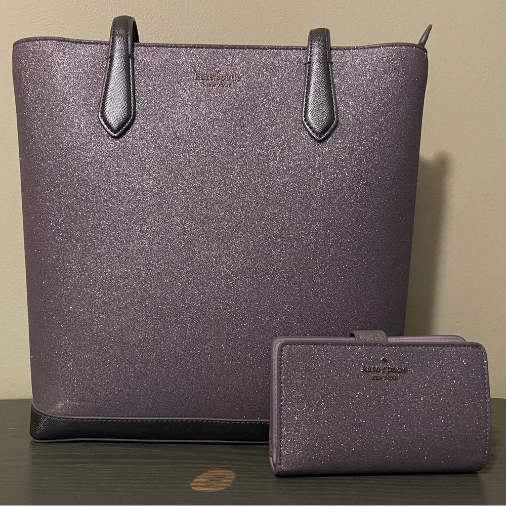 Kate Spade Glimmer Tote with Matching Medium Wallet Lilac Frost